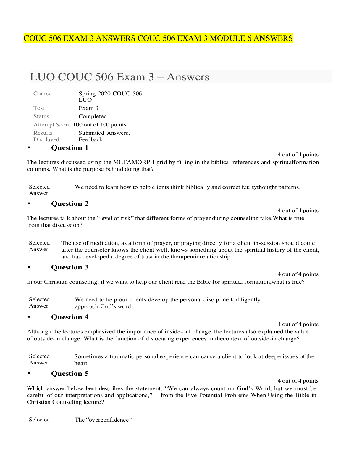 Preview image for COUC 506 EXAM 3 ANSWERS COUC 506 EXAM 3 MODULE 6 ANSWERS